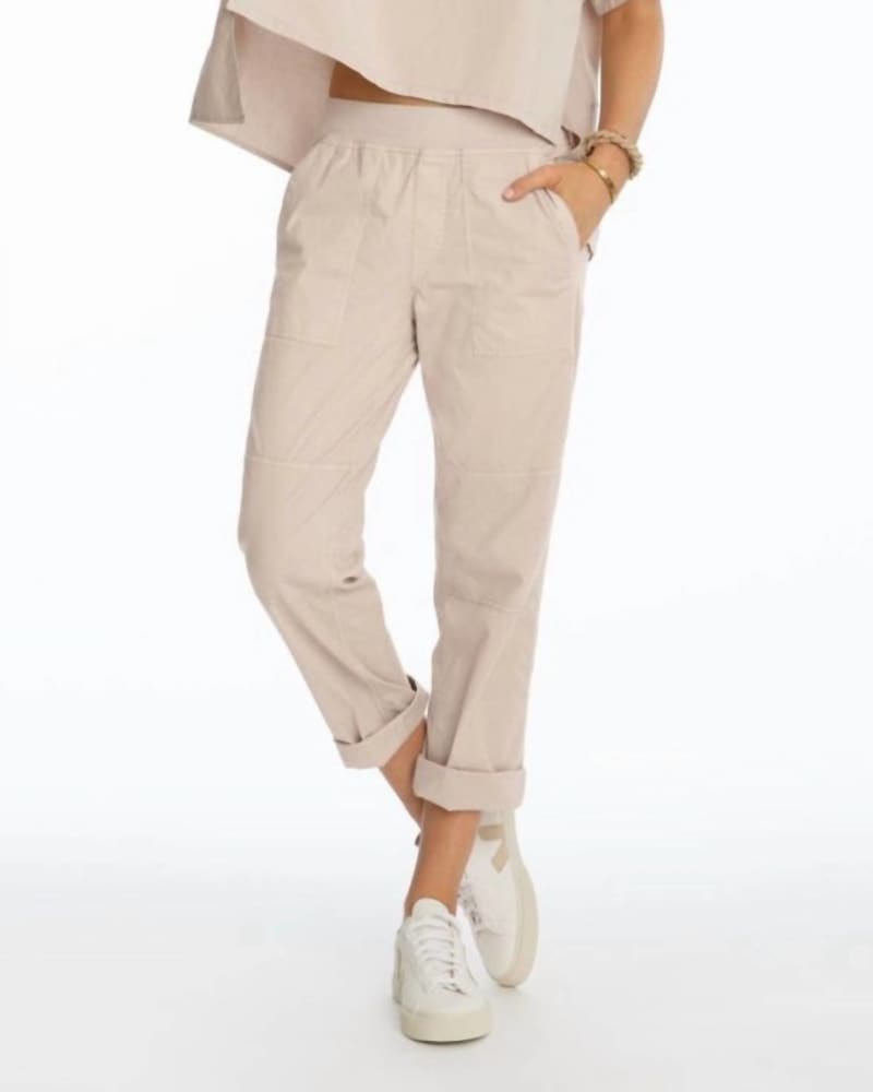 Front of a model wearing a size XL Pull On Back Pocket Pant in Stone in Stone by Elliott Lauren. | dia_product_style_image_id:338174